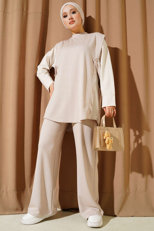 Çizgi Garnili Bisiklet Yaka Loyşa İkili Takım Bej