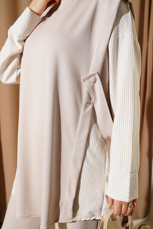 Çizgi Garnili Bisiklet Yaka Loyşa İkili Takım Bej