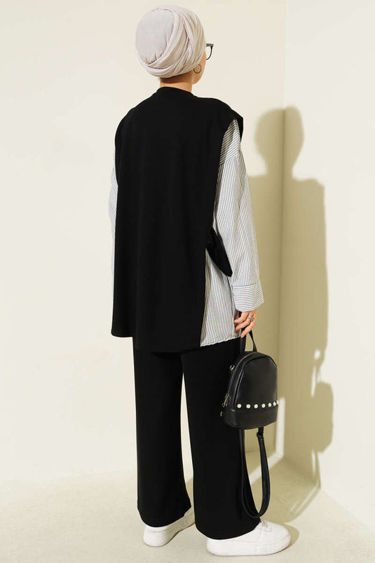 Çizgi Garnili Bisiklet Yaka Loyşa İkili Takım Siyah