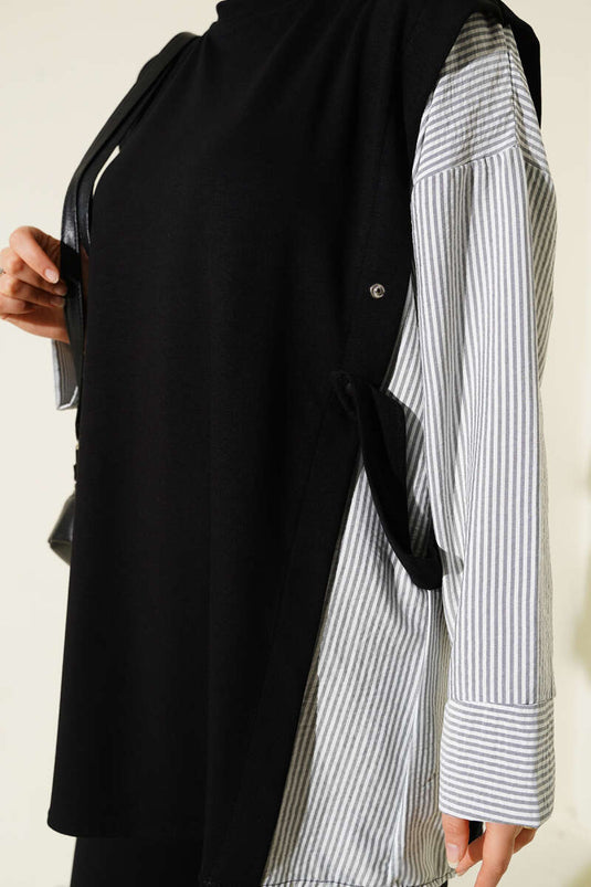 Çizgi Garnili Bisiklet Yaka Loyşa İkili Takım Siyah