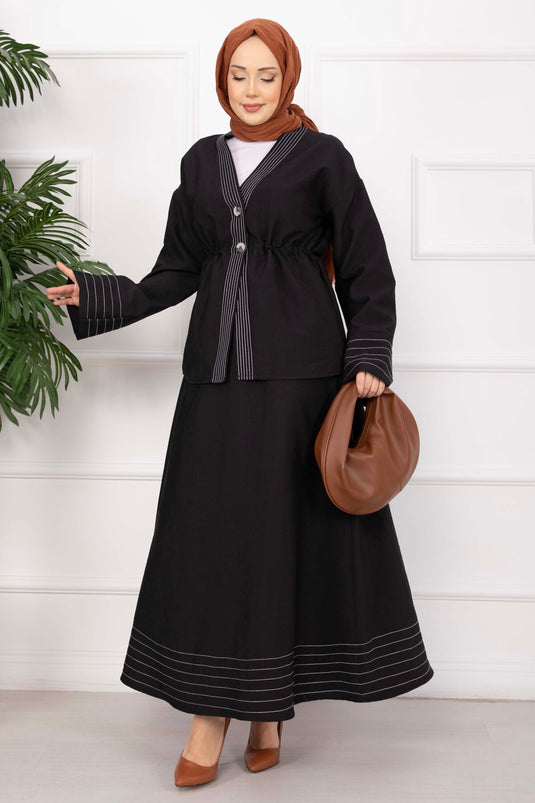 Striped Trim Jacket and Skirt Set Black