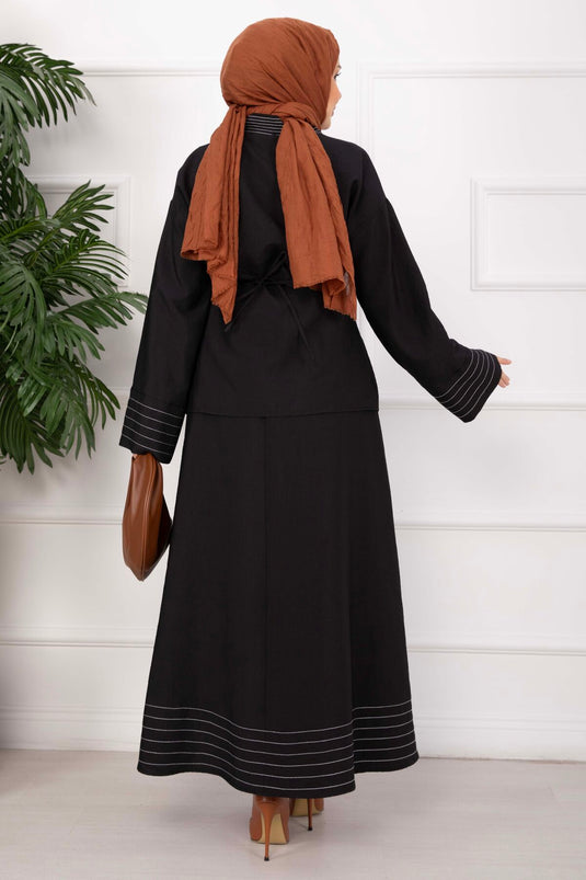 Striped Trim Jacket and Skirt Set Black