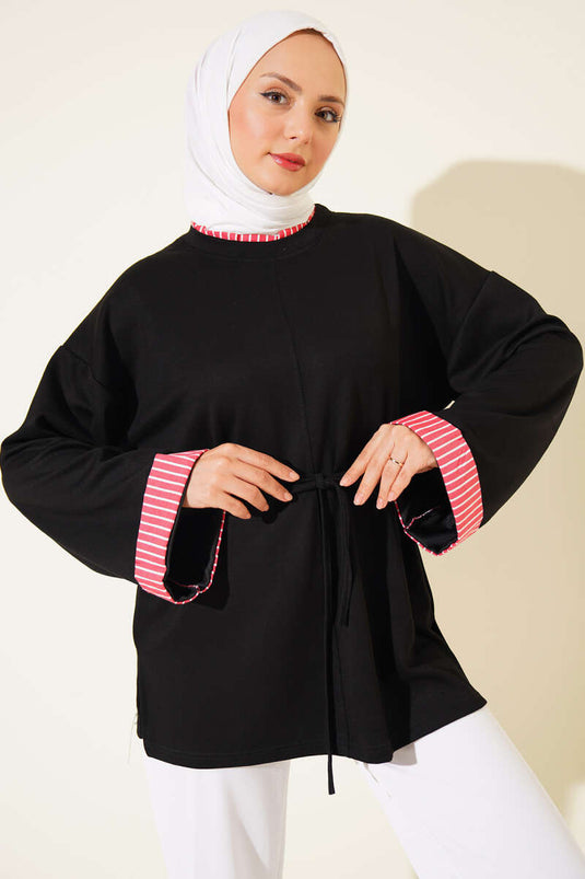 Çizgi Garnili İp Bağcıklı Tunik Siyah