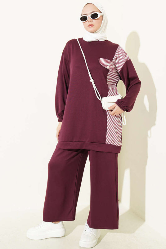 Completo Due Pezzi In Maglia A Righe Con Tasche Fittizie In Prugna