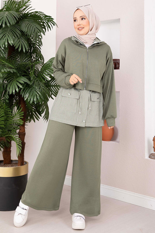 Gestreiftes Strick-Sport-Set In Khaki