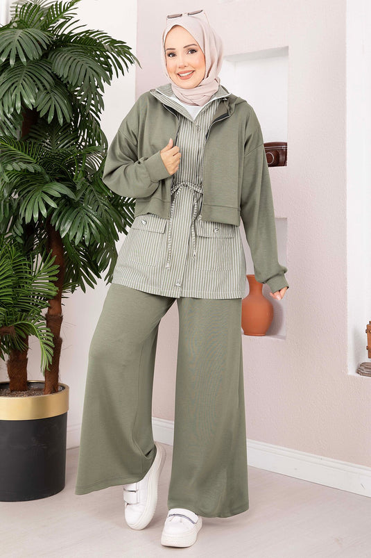 Gestreiftes Strick-Sport-Set In Khaki