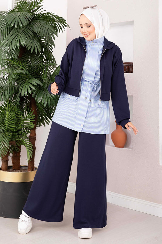 Ensemble De Sport Tricoté À Rayures Bleu Marine
