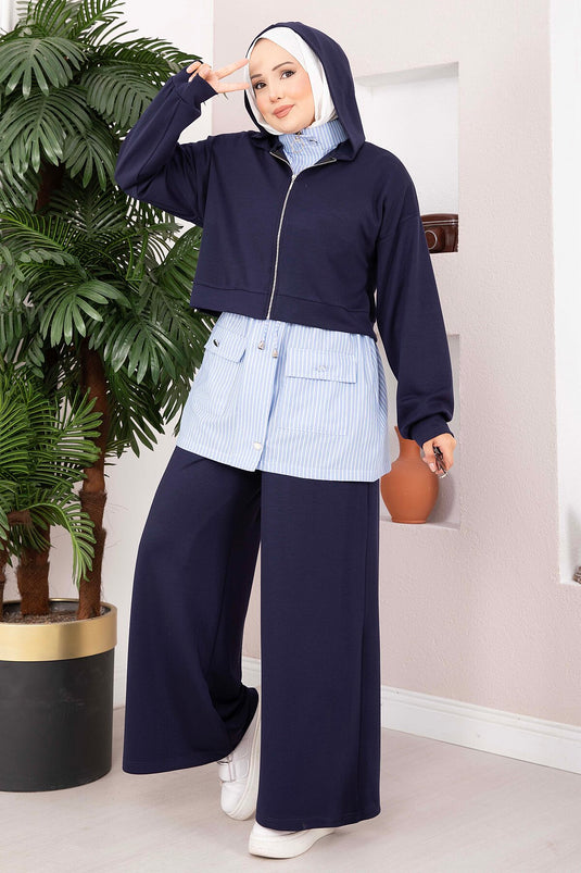Ensemble De Sport Tricoté À Rayures Bleu Marine
