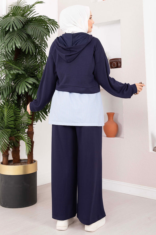 Ensemble De Sport Tricoté À Rayures Bleu Marine