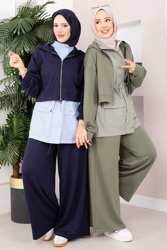 Ensemble De Sport Tricoté À Rayures Bleu Marine