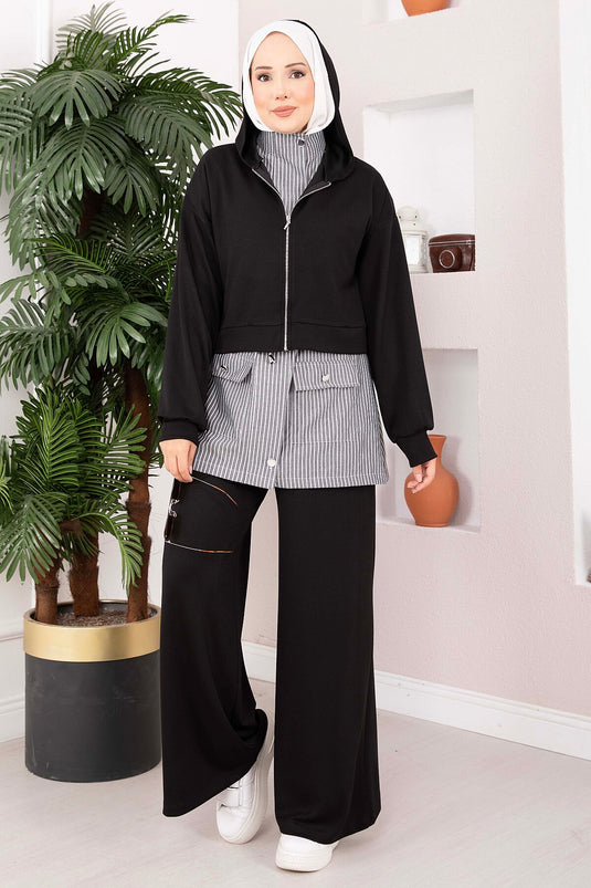 Completo Sportivo A Tre Pezzi A Maglia A Righe Nero
