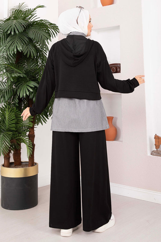 Completo Sportivo A Tre Pezzi A Maglia A Righe Nero