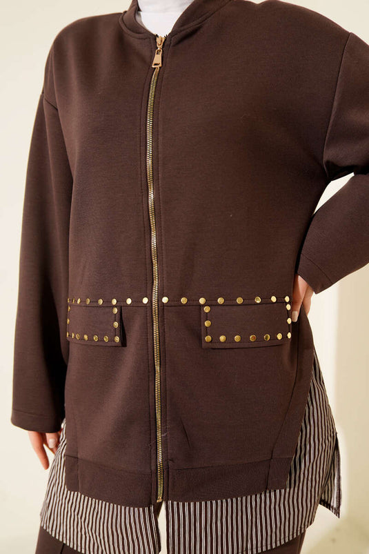 Two-Piece Set with Stitch Trim and Staple Detail Brown