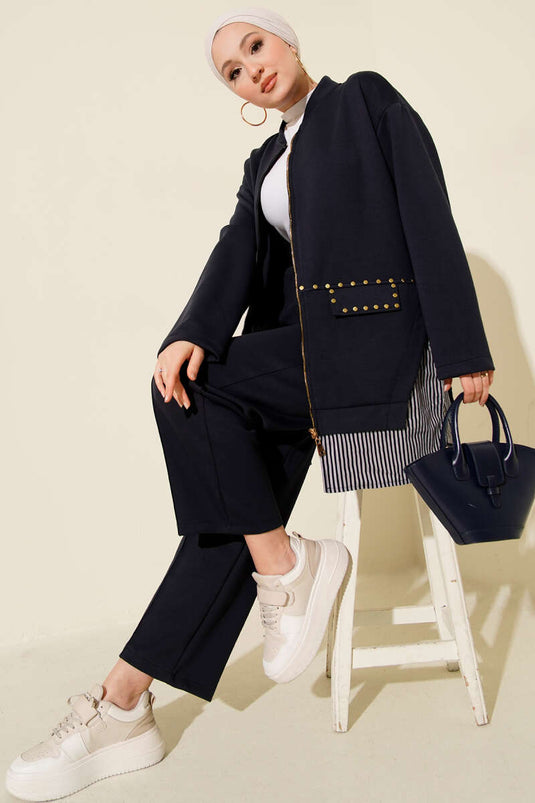 Ensemble Deux Pièces avec Détails Agrafe et Garniture à Rayures Bleu Marine