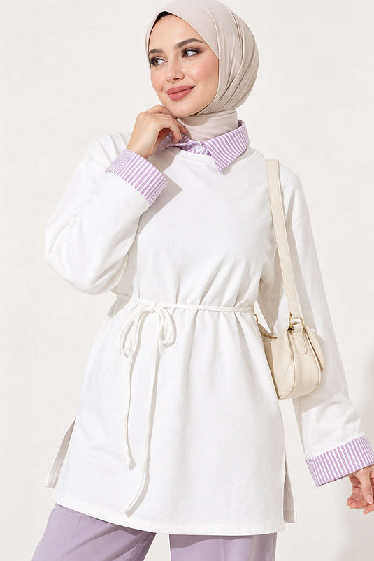 Çizgi Gömlek Garnili Basic Tunik Ekru