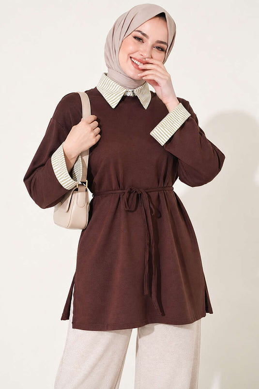 Çizgi Gömlek Garnili Basic Tunik Kahve