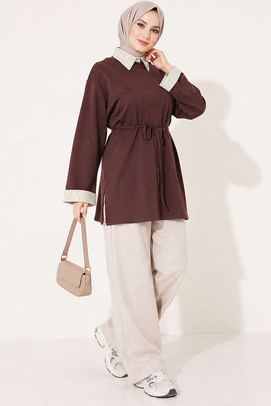 Çizgi Gömlek Garnili Basic Tunik Kahve