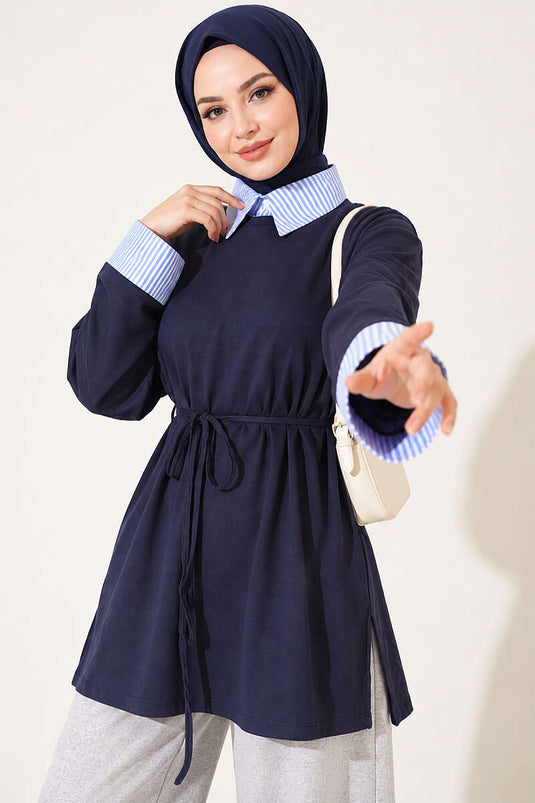 Çizgi Gömlek Garnili Basic Tunik Lacivert
