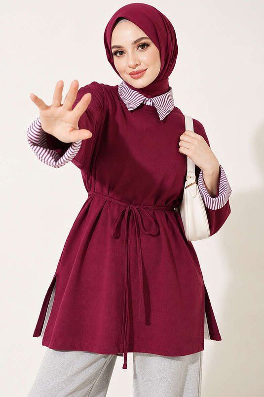 Çizgi Gömlek Garnili Basic Tunik Mürdüm