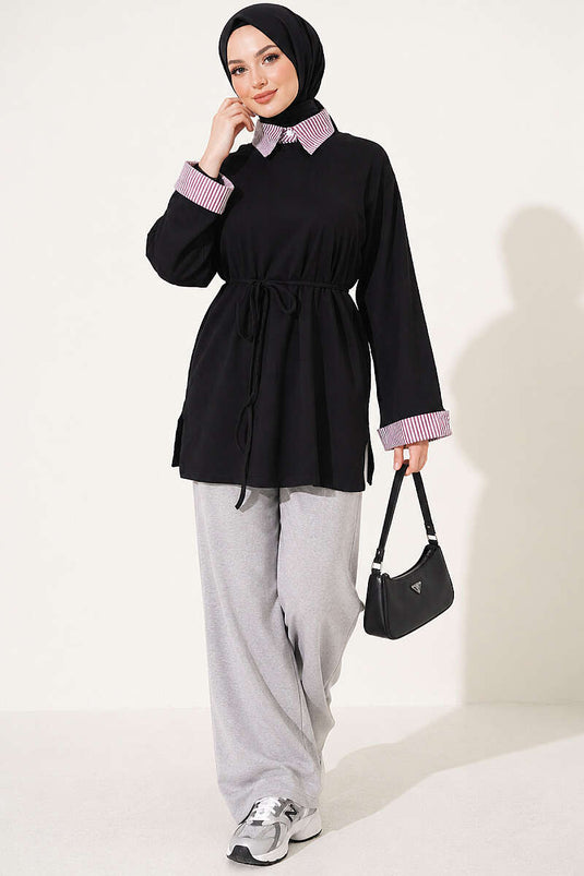Çizgi Gömlek Garnili Basic Tunik Siyah