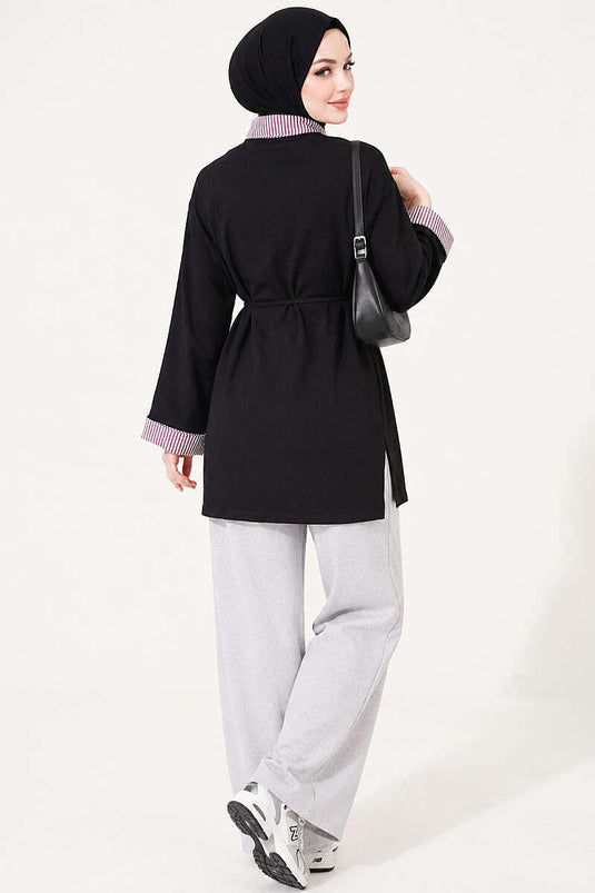 Çizgi Gömlek Garnili Basic Tunik Siyah