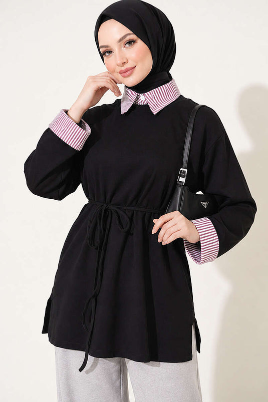 Çizgi Gömlek Garnili Basic Tunik Siyah