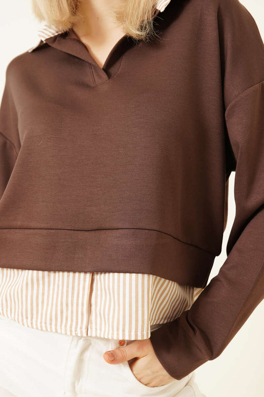 Çizgi Gömlek Garnili Kısa Sweatshirt Kahve
