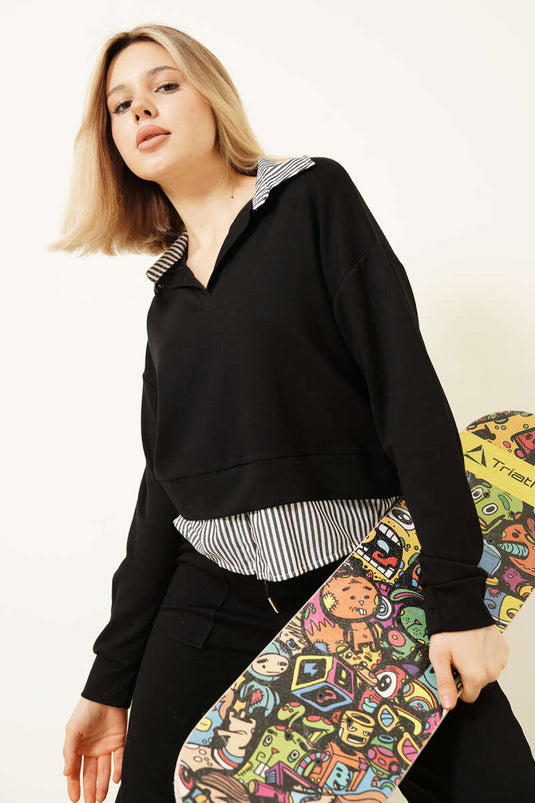 Çizgi Gömlek Garnili Kısa Sweatshirt Siyah