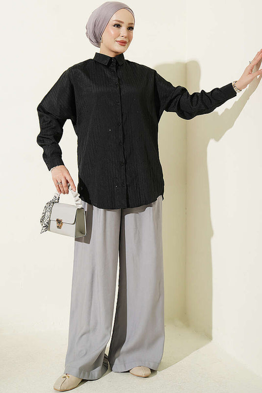 Striped Embossed Basic Shirt Black