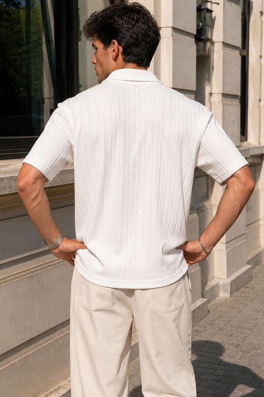 Çizgi Kabartmalı Jakar Erkek T-shirt Ekru