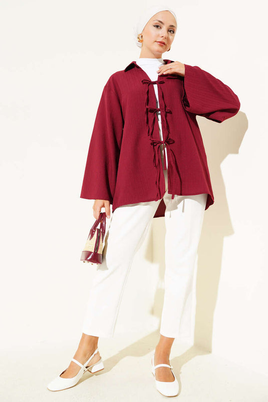 Çizgi Kabartmalı Önden Bağlamalı Kimono Bordo