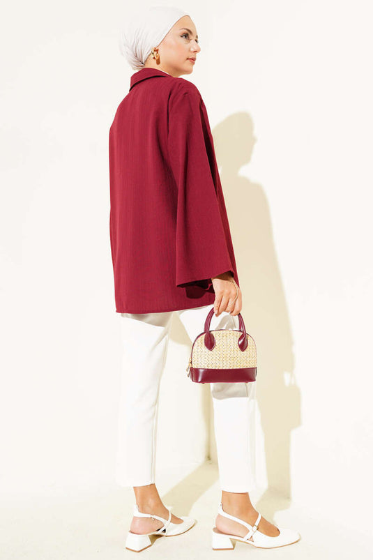 Çizgi Kabartmalı Önden Bağlamalı Kimono Bordo