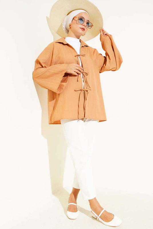 Striped Embossed Front-Tie Kimono Latte