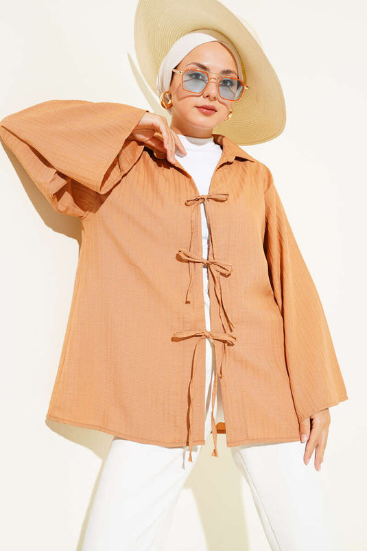 Striped Embossed Front-Tie Kimono Latte