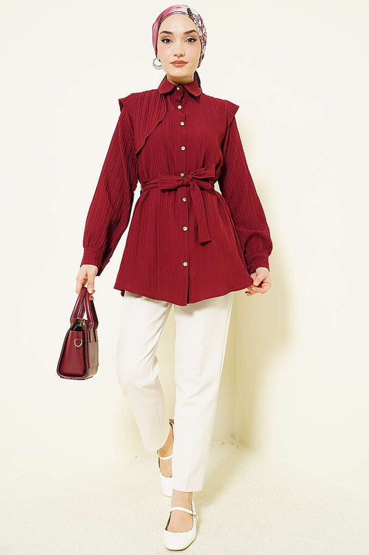 Camicia Bordeaux con Bottoni in Pietra e Rilievo a Righe