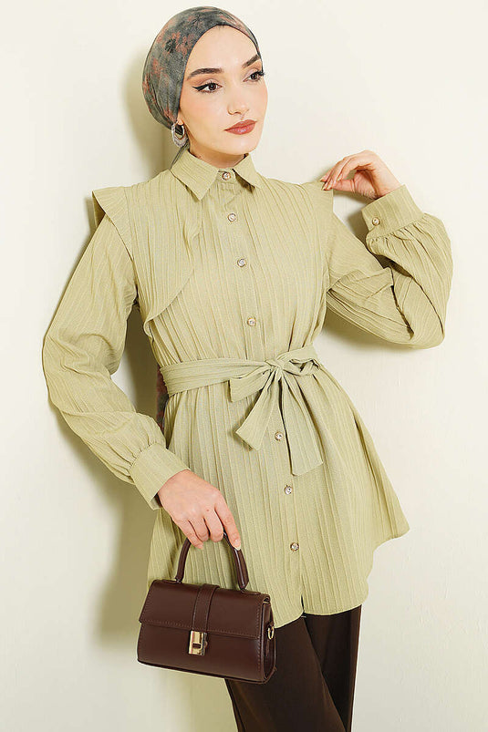 Camicia con Bottoni in Pietra e Rilievo a Righe Verde Salvia