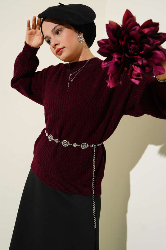 سترة محبوكة مخططة منقوشة باللون العنابي