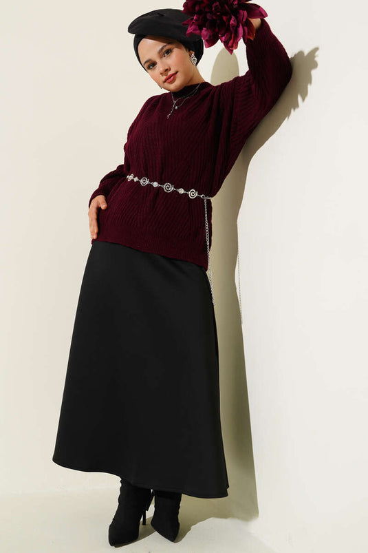 سترة محبوكة مخططة منقوشة باللون العنابي