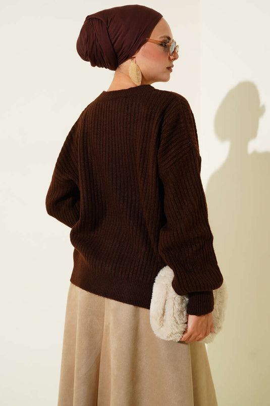 Pull en maille rayée gaufrée marron