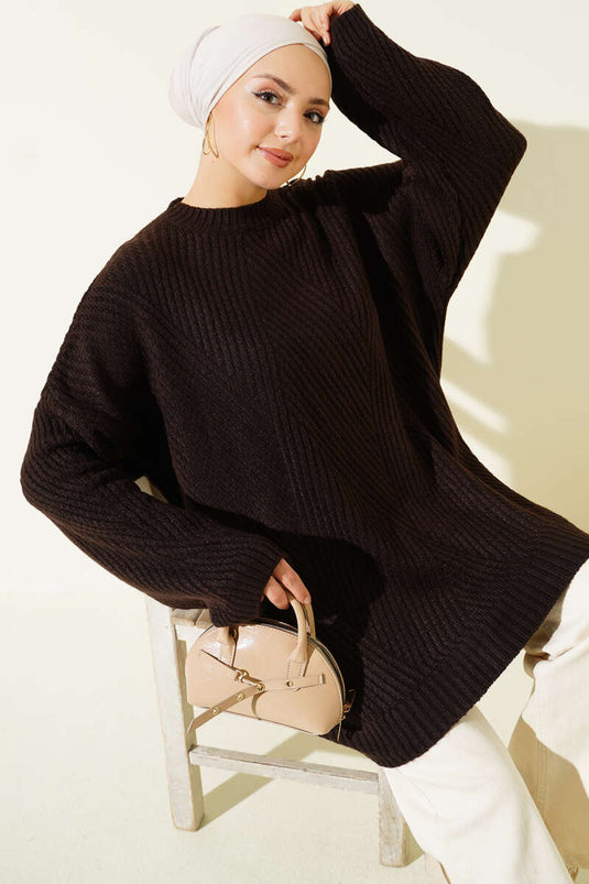 Striped Embossed Knit Tunic In Brown