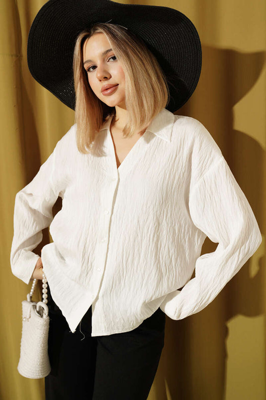 White V-Neck Shirt with Embossed Stripes