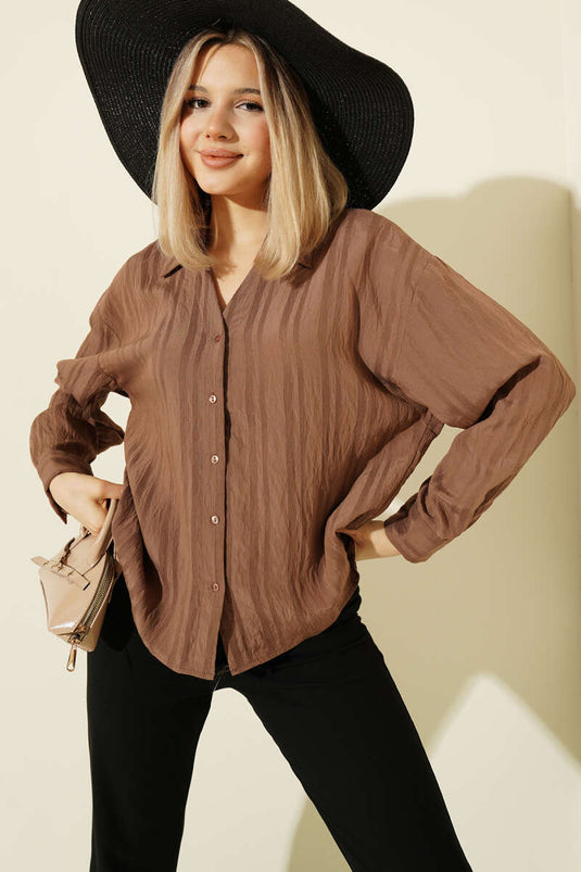 Striped Embossed V-Neck Shirt Brown