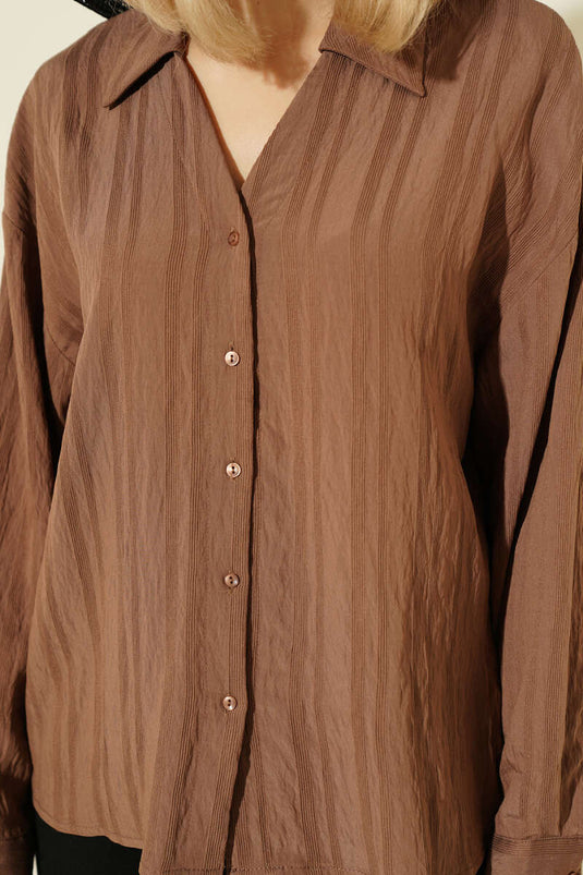 Striped Embossed V-Neck Shirt Brown