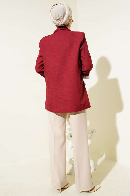 Striped Lapel Linen Blazer Jacket Burgundy