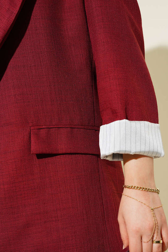 Striped Lapel Linen Blazer Jacket Burgundy