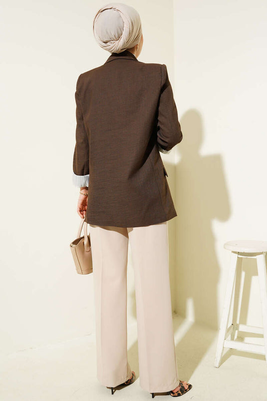 Striped Lapel Linen Blazer Jacket Brown