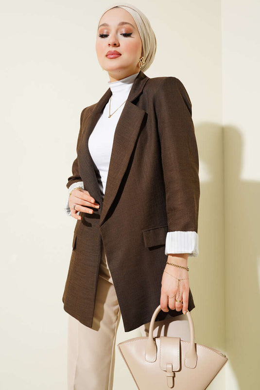 Giacca Blazer in Lino con Polsini a Righe Marrone