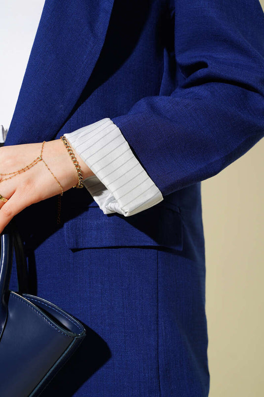 Navy Blue Linen Blazer with Stripe Lapel