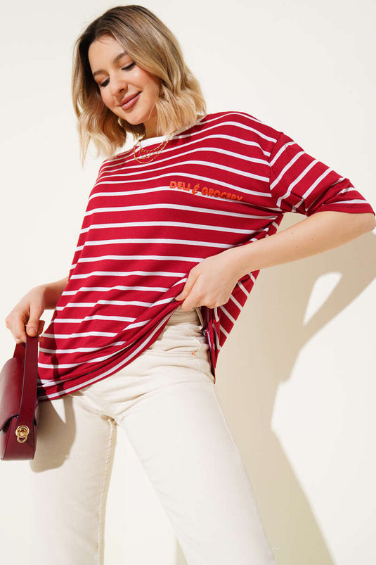 Gestreept T-shirt met print in bordeauxrood