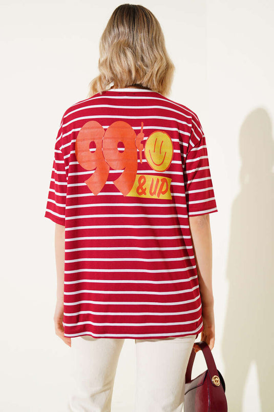 Gestreept T-shirt met print in bordeauxrood